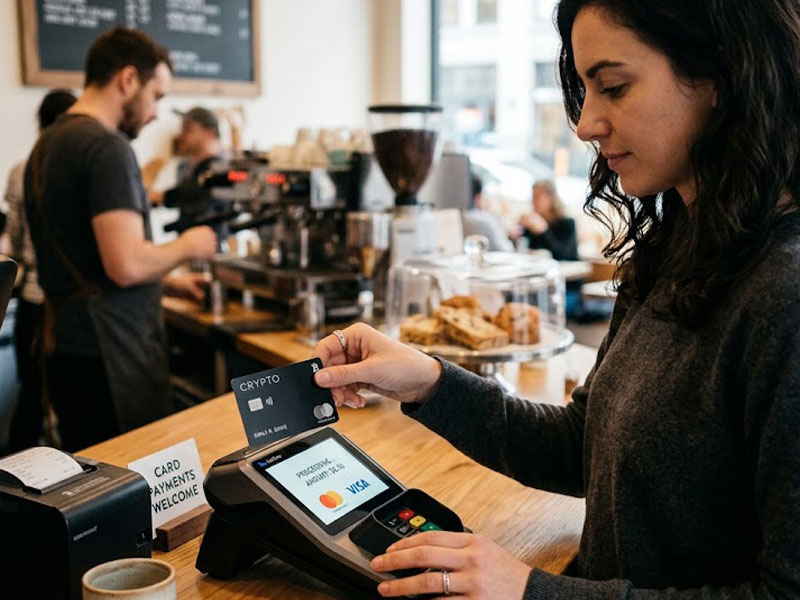 A woman paying at a coffee shop using a crypto card for a secure payment